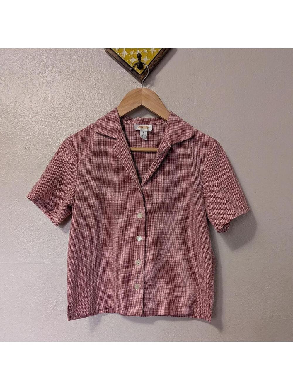 Vintage 1990s Red Gingham Camp Collar Blouse Textured Check Small